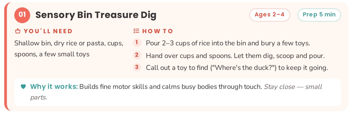 Activity card from the guide: 01 Sensory Bin Treasure Dig, ages 2–4, prep 5 minutes