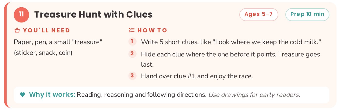 Activity card from the guide: 11 Treasure Hunt with Clues, ages 5–7, prep 10 minutes