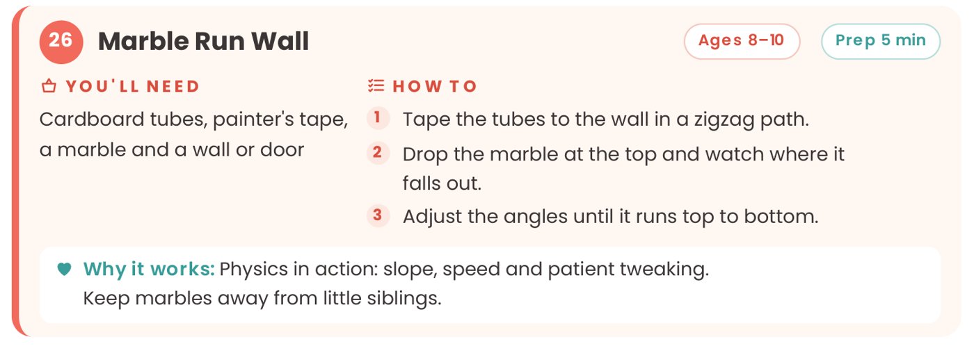Activity card from the guide: 26 Marble Run Wall, ages 8–10, prep 5 minutes