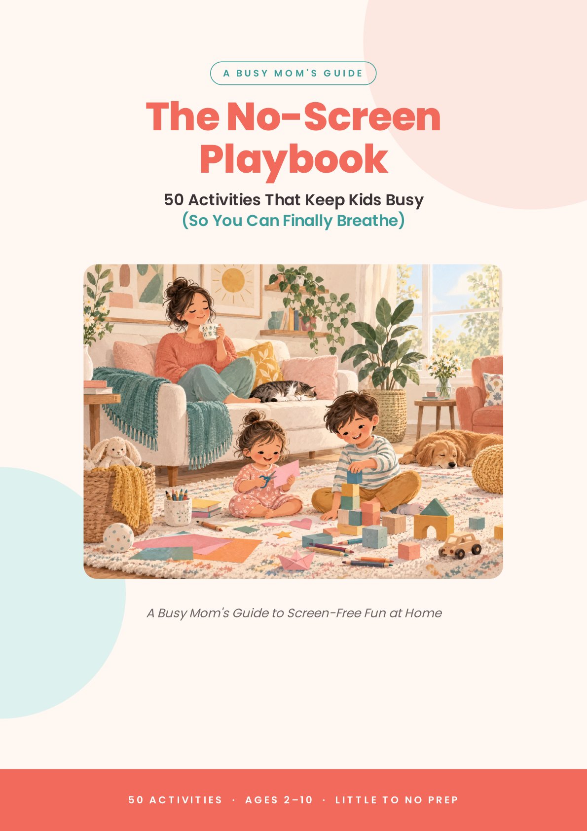 The No-Screen Playbook eBook cover showing 50 screen-free activities for kids