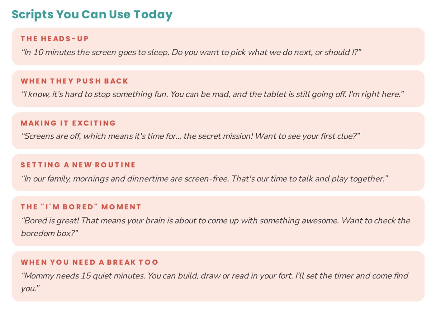 Page excerpt from the guide: Scripts You Can Use Today, six word-for-word scripts for turning off screens